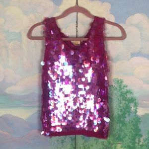 VINTAGE LIZ CLAIBORNE Pink iridescent large sequin cropped knit tank SZ P